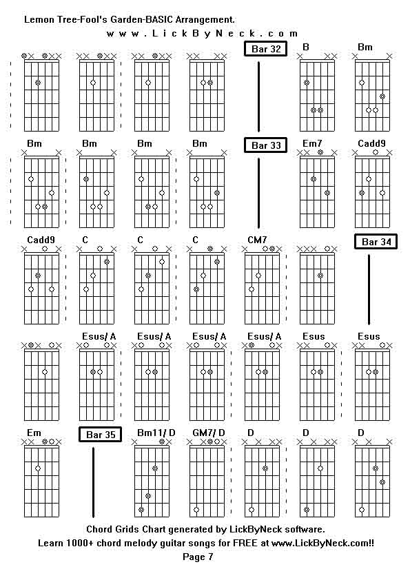 Chord Grids Chart of chord melody fingerstyle guitar song-Lemon Tree-Fool's Garden-BASIC Arrangement,generated by LickByNeck software.